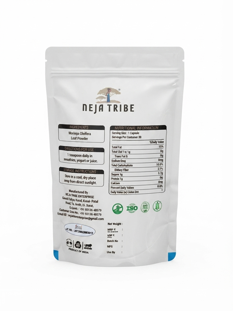 NEJA TRIBE Premium Moringa Leaf Powder | 100% Natural Moringa Oleifera Powder | Superfood | Rich in Plant Nutrients | Vegan | Non-GMO | No Preservatives | Smoothies, Tea, Juice & Cooking | 200g