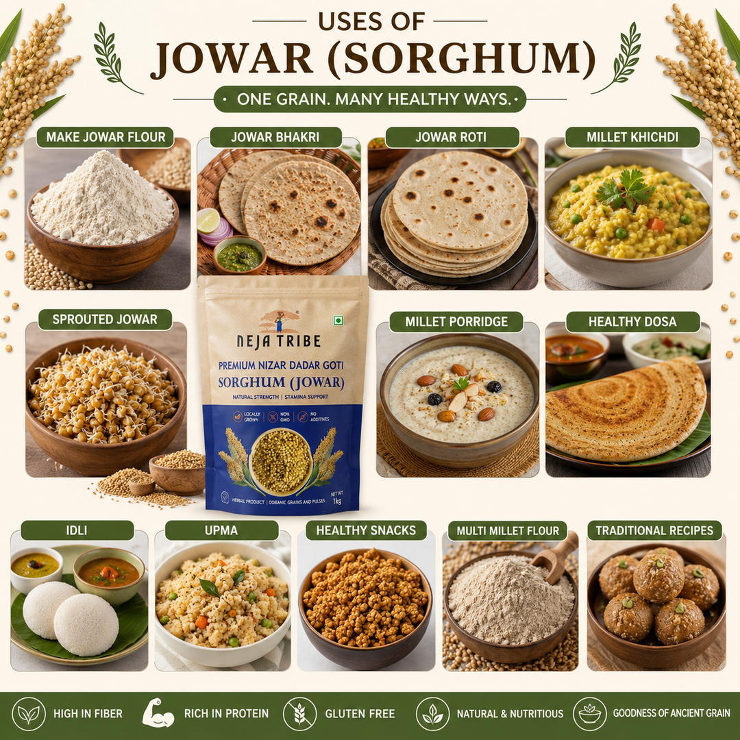 NEJA TRIBE Premium Organic Jowar (Sorghum) Whole Grain | Natural Gluten-Free Millet | High Fiber | Protein Rich | Non-GMO | No Preservatives | Healthy Millet for Bhakri, Roti, Flour & Sprouts | 1kg