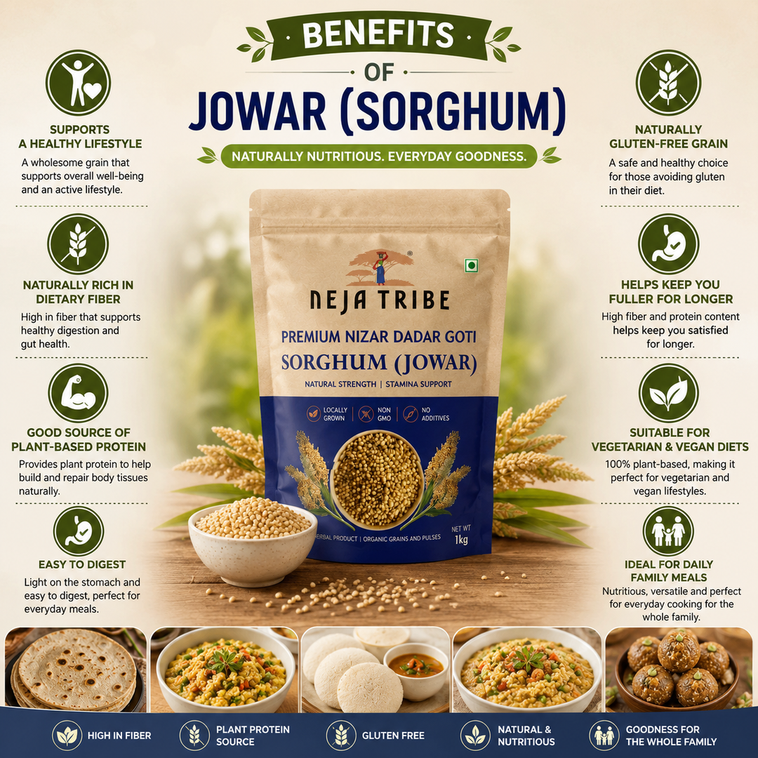 NEJA TRIBE Premium Organic Jowar (Sorghum) Whole Grain | Natural Gluten-Free Millet | High Fiber | Protein Rich | Non-GMO | No Preservatives | Healthy Millet for Bhakri, Roti, Flour & Sprouts | 1kg