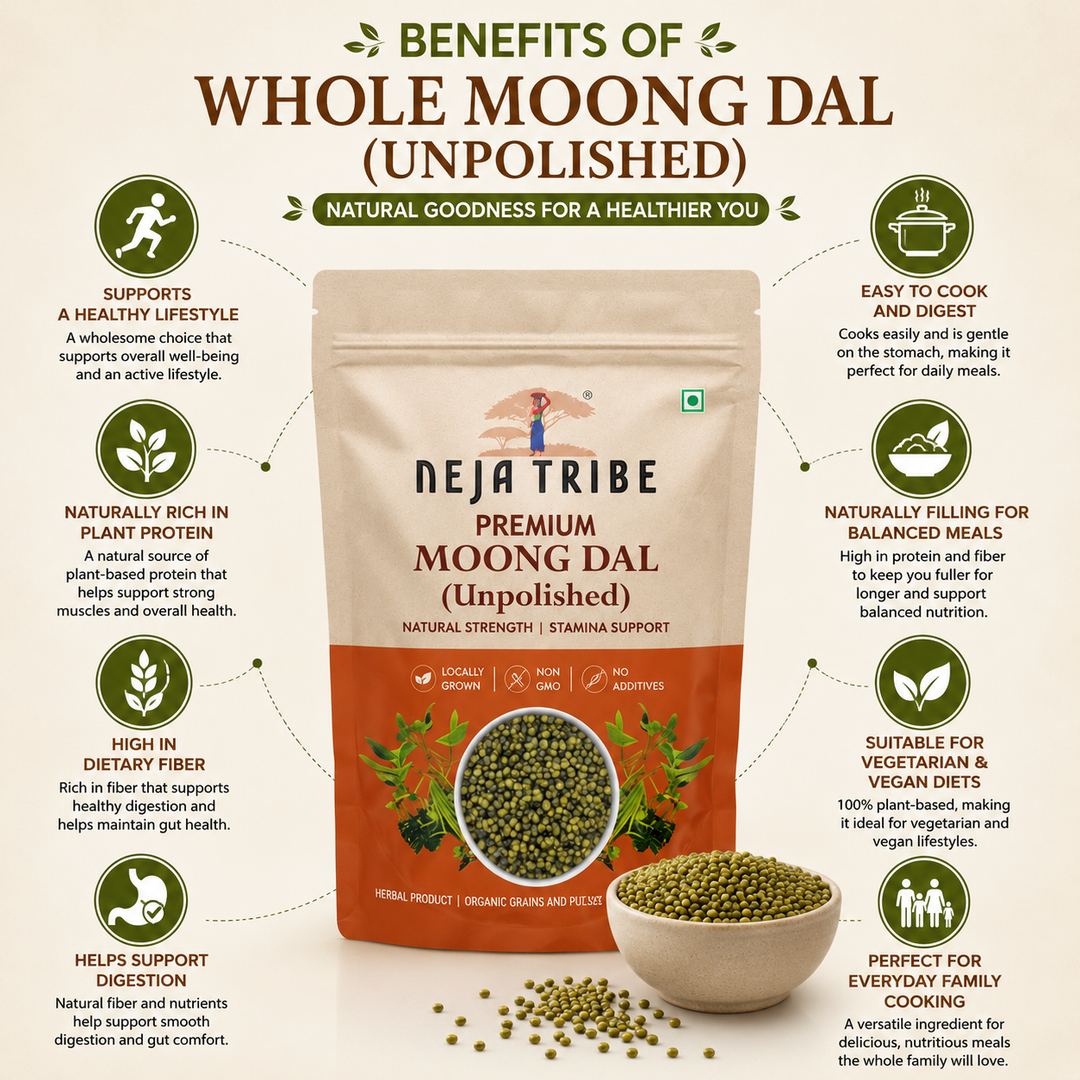 NEJA TRIBE Premium Unpolished Whole Moong Dal | High Protein Green Gram | Natural Whole Green Moong | Rich in Dietary Fiber | Unpolished | Non-GMO | No Preservatives | Ideal for Sprouts, Dal, Khichdi & Healthy Recipes | 1kg