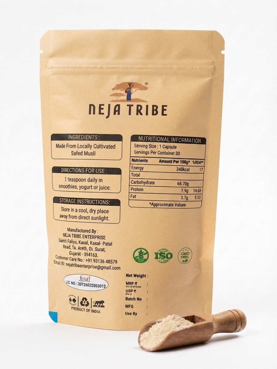 Neja tribe premium safed musli powder | 100% pure & natural | ultra fine powder | no added preservatives | non gmo | herbal wellness supplement | for men & women